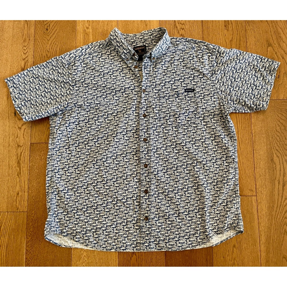 Woolrich Men's 2XL SUV Off-Road Monstera Print Button Down Shirt Blue White XXL
